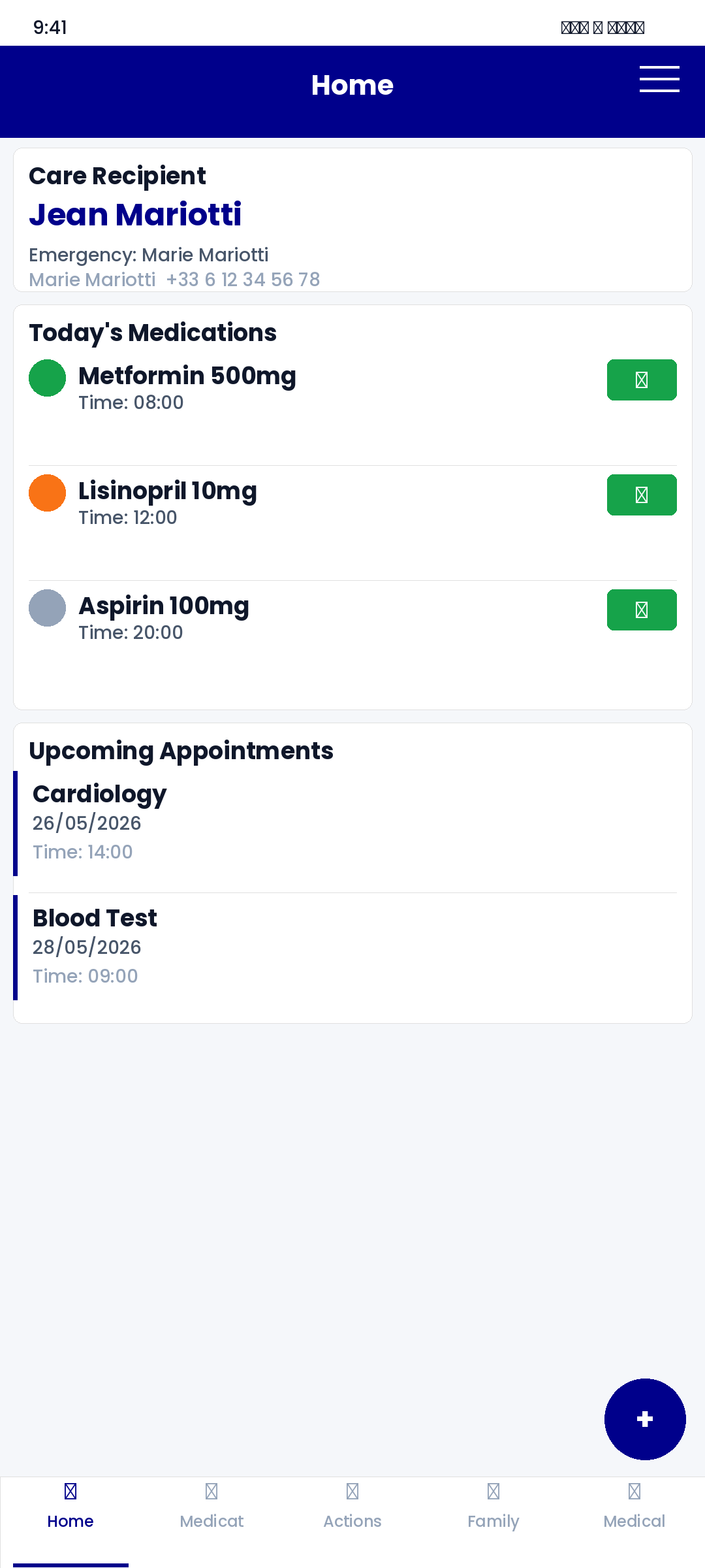 FamilyCarer Pro on Android — home screen
